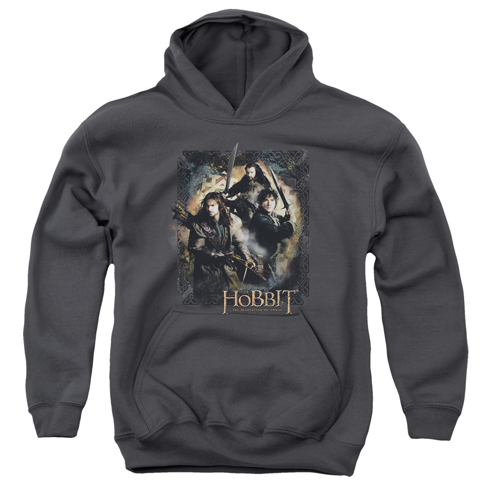 AN OFFCIALLY LICENSED HOBBIT WEAPONS DRAWN YOUTH HOODIE CHARCOAL