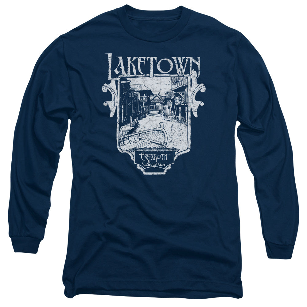 AN OFFCIALLY LICENSED HOBBIT LAKETOWN SIMPLE MEN'S LONG SLEEVE T-SHIRT NAVY