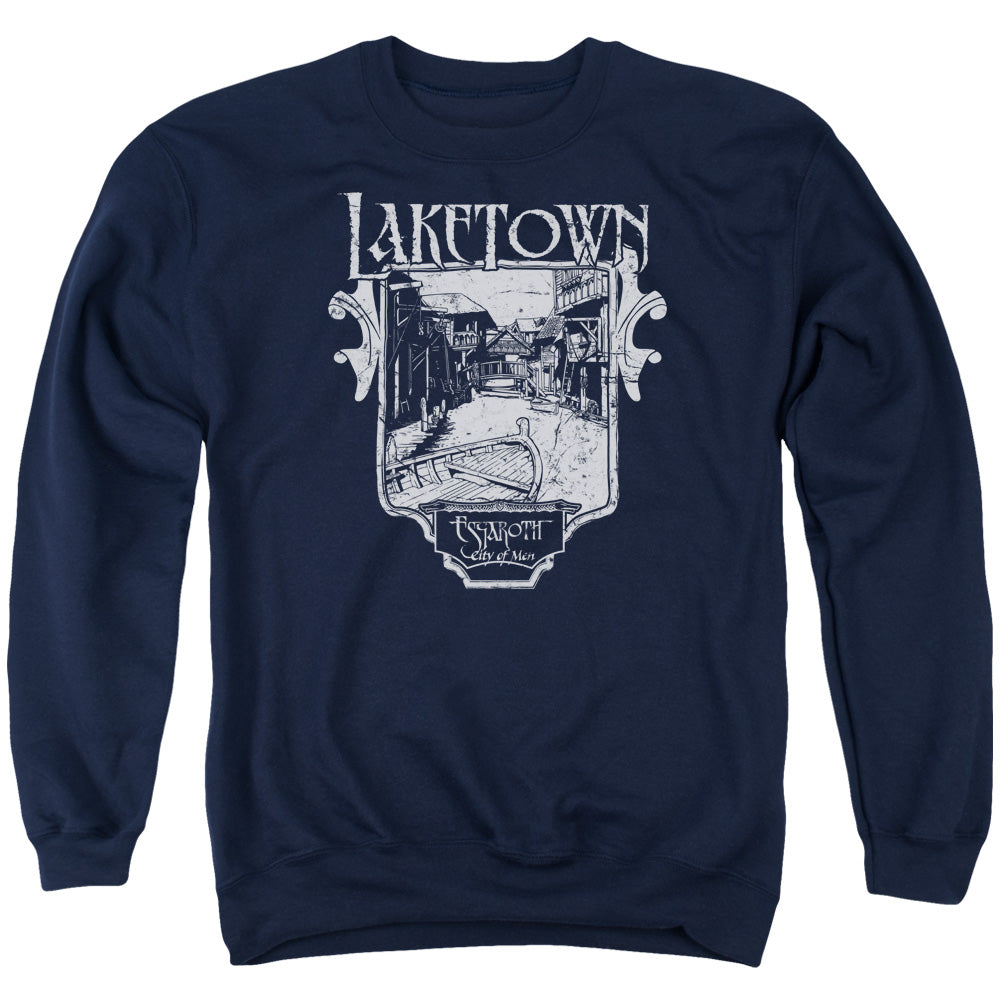 AN OFFCIALLY LICENSED HOBBIT LAKETOWN SIMPLE ADULT UNISEX CREWNECK SWEATSHIRT NAVY
