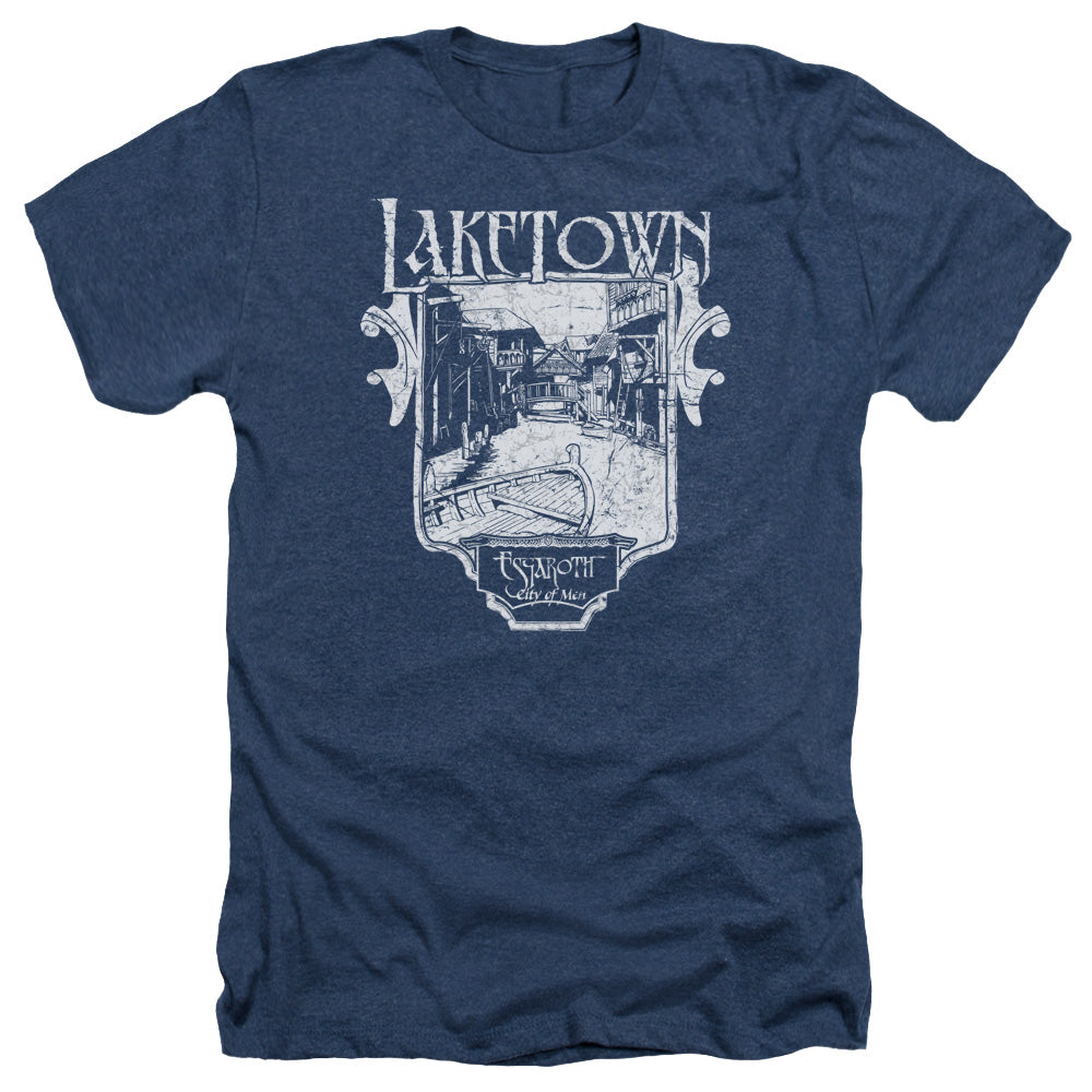 AN OFFCIALLY LICENSED HOBBIT LAKETOWN SIMPLE MEN'S HEATHER T-SHIRT NAVY