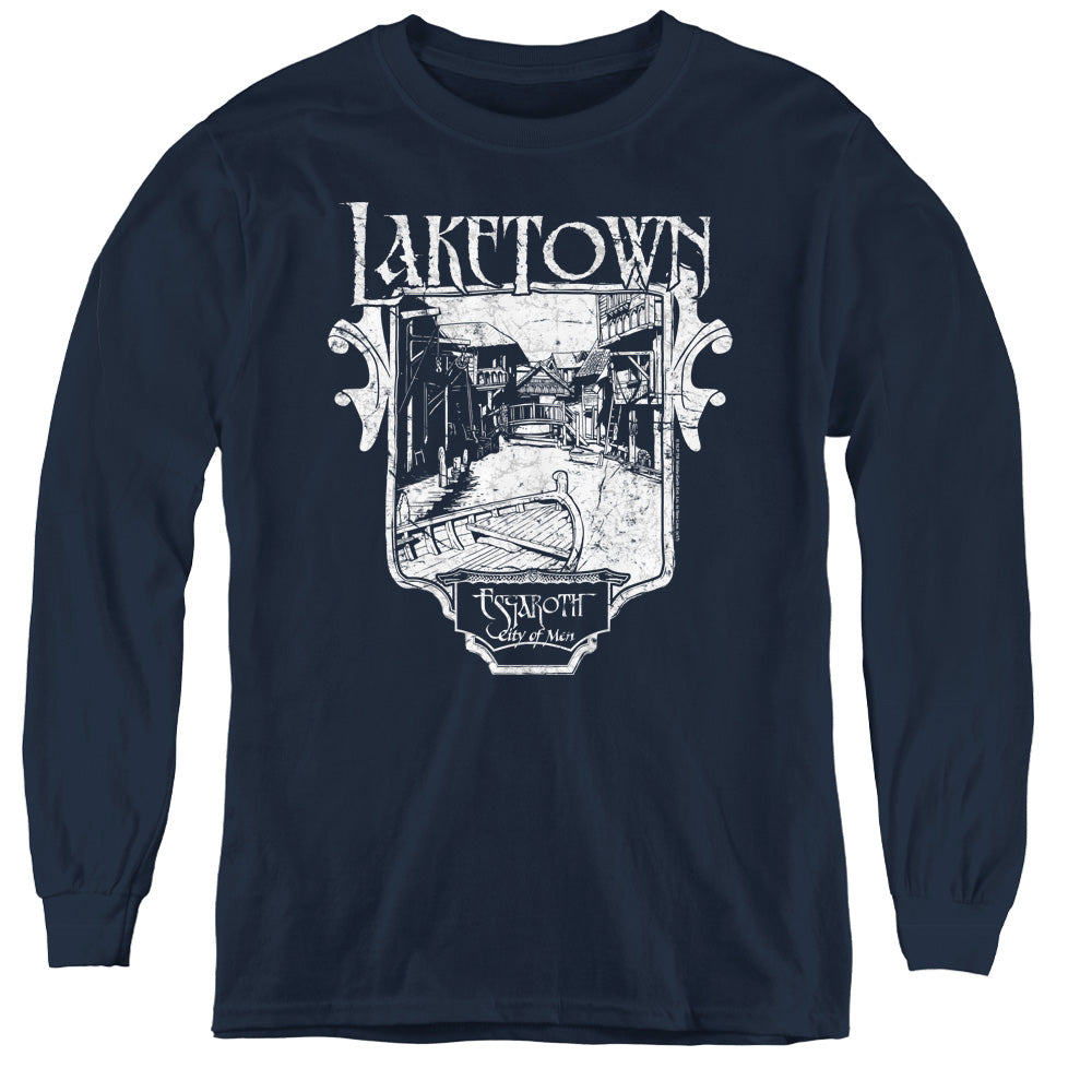 AN OFFCIALLY LICENSED HOBBIT LAKETOWN SIMPLE YOUTH LONG SLEEVE T-SHIRT NAVY