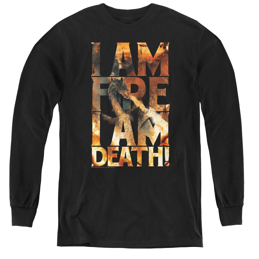 AN OFFCIALLY LICENSED HOBBIT I AM FIRE YOUTH LONG SLEEVE T-SHIRT BLACK