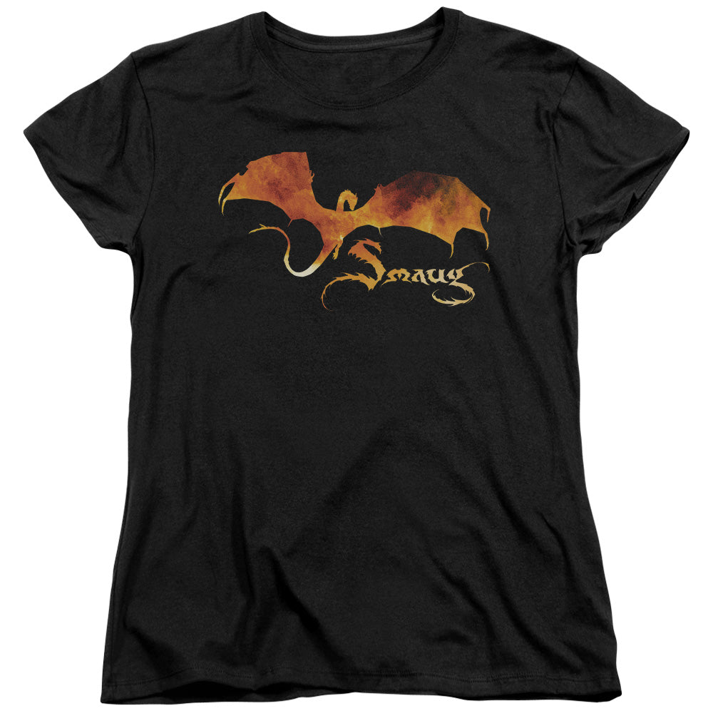 AN OFFCIALLY LICENSED HOBBIT SMAUG ON FIRE WOMEN'S REGULAR FIT T-SHIRT BLACK