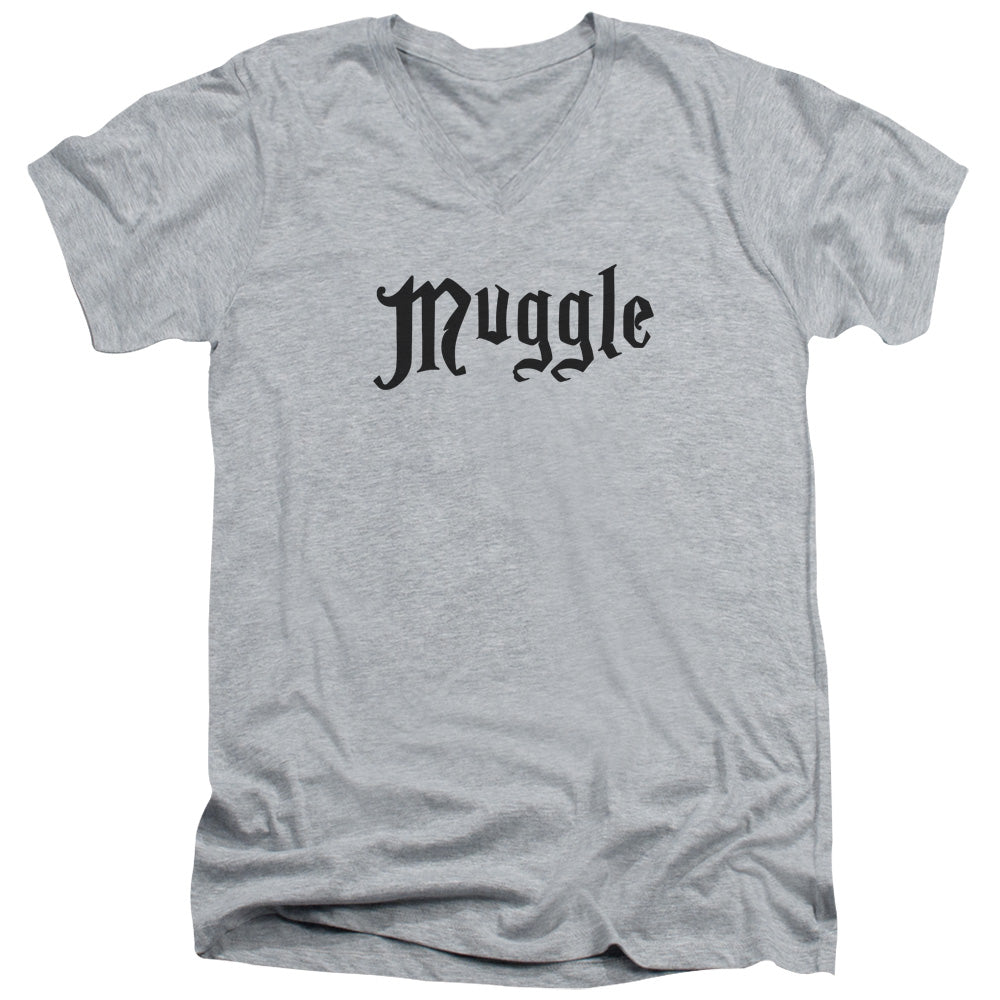 AN OFFCIALLY LICENSED HARRY POTTER MUGGLE MEN'S V-NECK T-SHIRT ATHLETIC HEATHER