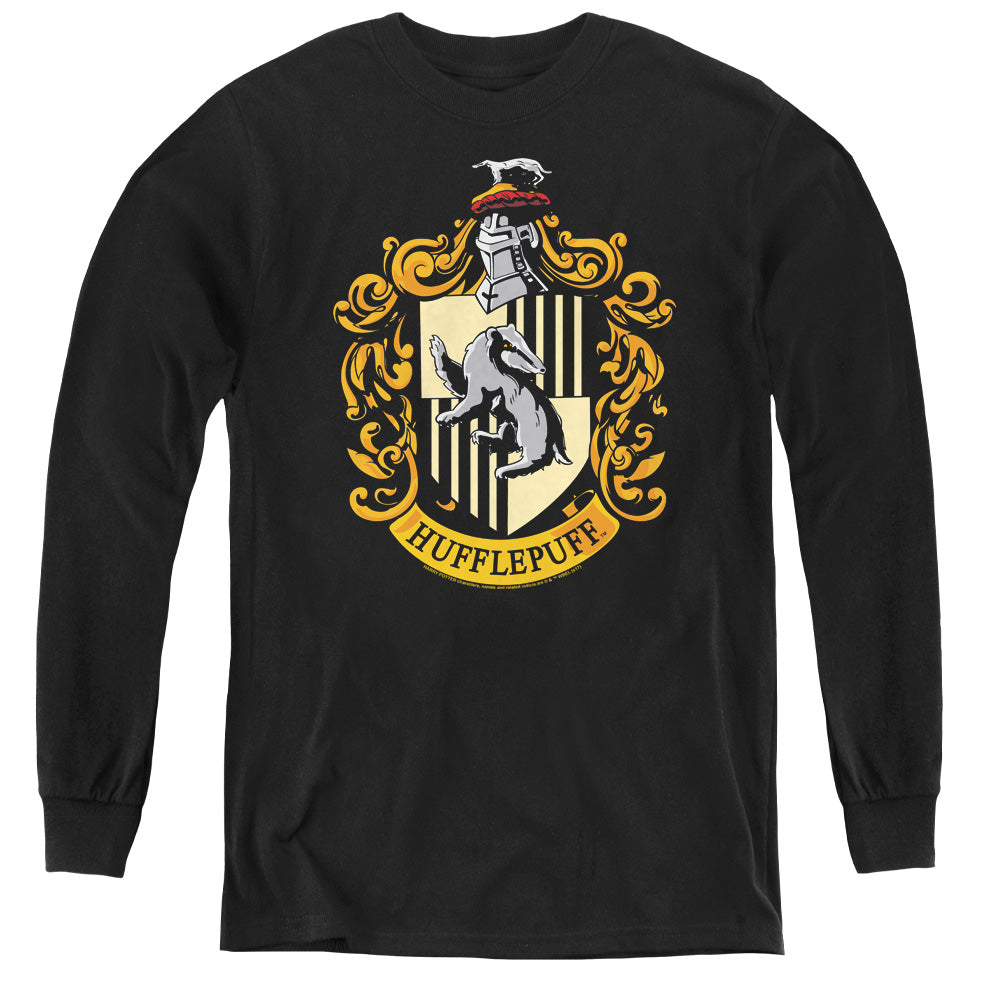 AN OFFCIALLY LICENSED HARRY POTTER HUFFLEPUFF CREST YOUTH LONG SLEEVE T-SHIRT BLACK