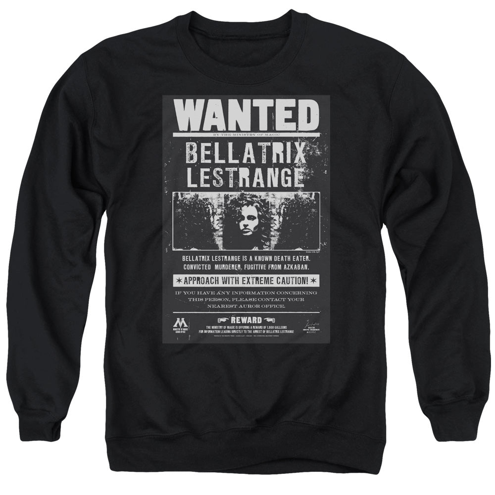 AN OFFCIALLY LICENSED HARRY POTTER WANTED BELLATRIX ADULT UNISEX CREWNECK SWEATSHIRT BLACK