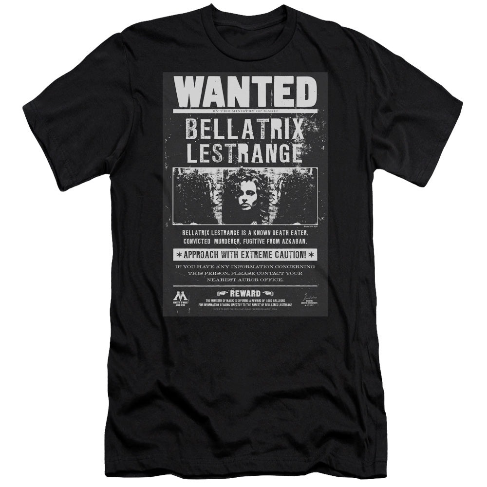AN OFFCIALLY LICENSED HARRY POTTER WANTED BELLATRIX MEN'S PREMIUM SLIM FIT T-SHIRT BLACK