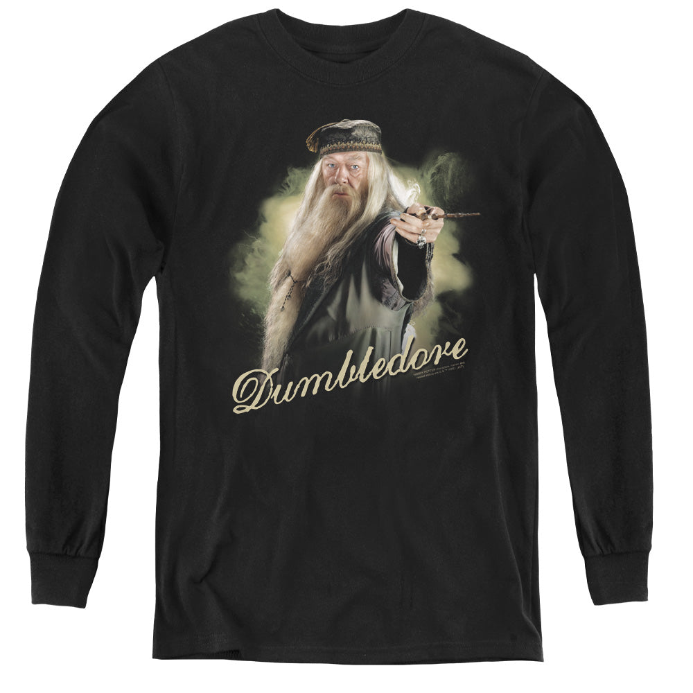 AN OFFCIALLY LICENSED HARRY POTTER DUMBLEDORE WAND YOUTH LONG SLEEVE T-SHIRT BLACK