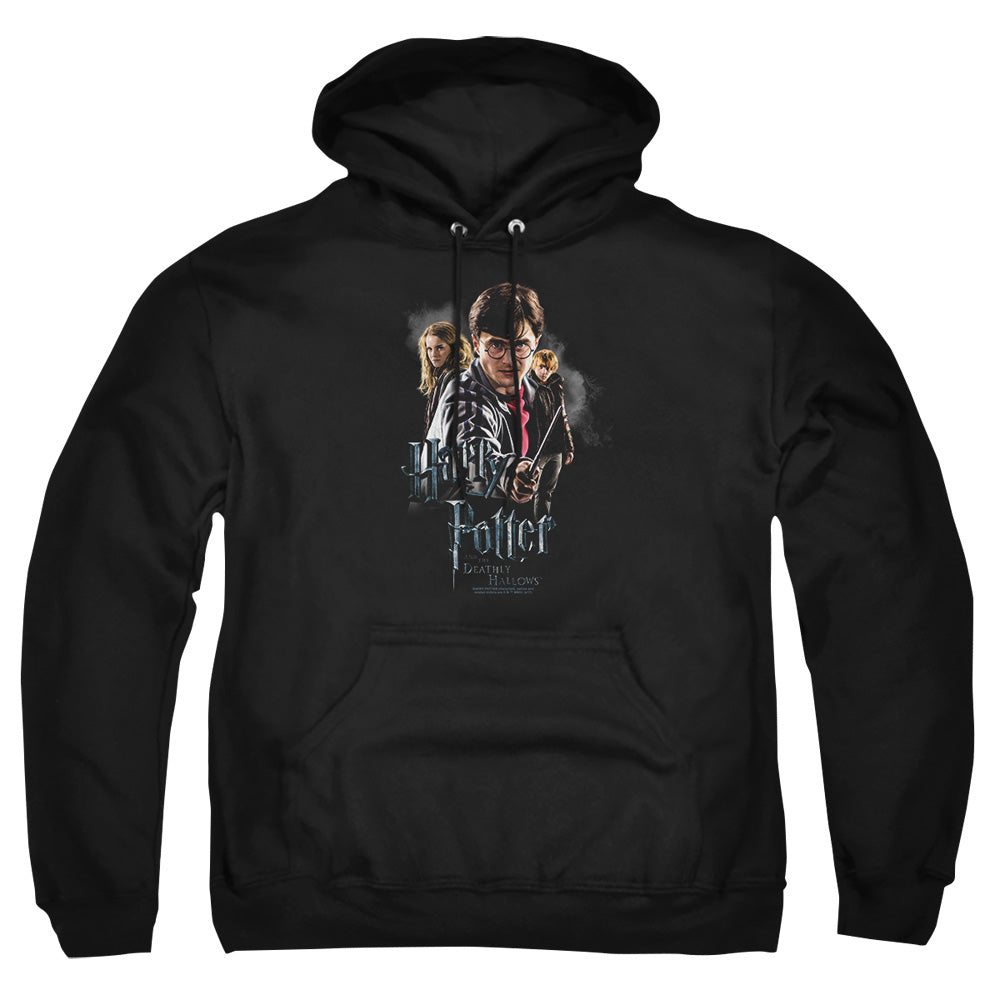 AN OFFCIALLY LICENSED HARRY POTTER DEATHLY HOLLOWS CAST ADULT UNISEX PULLOVER HOODIE BLACK