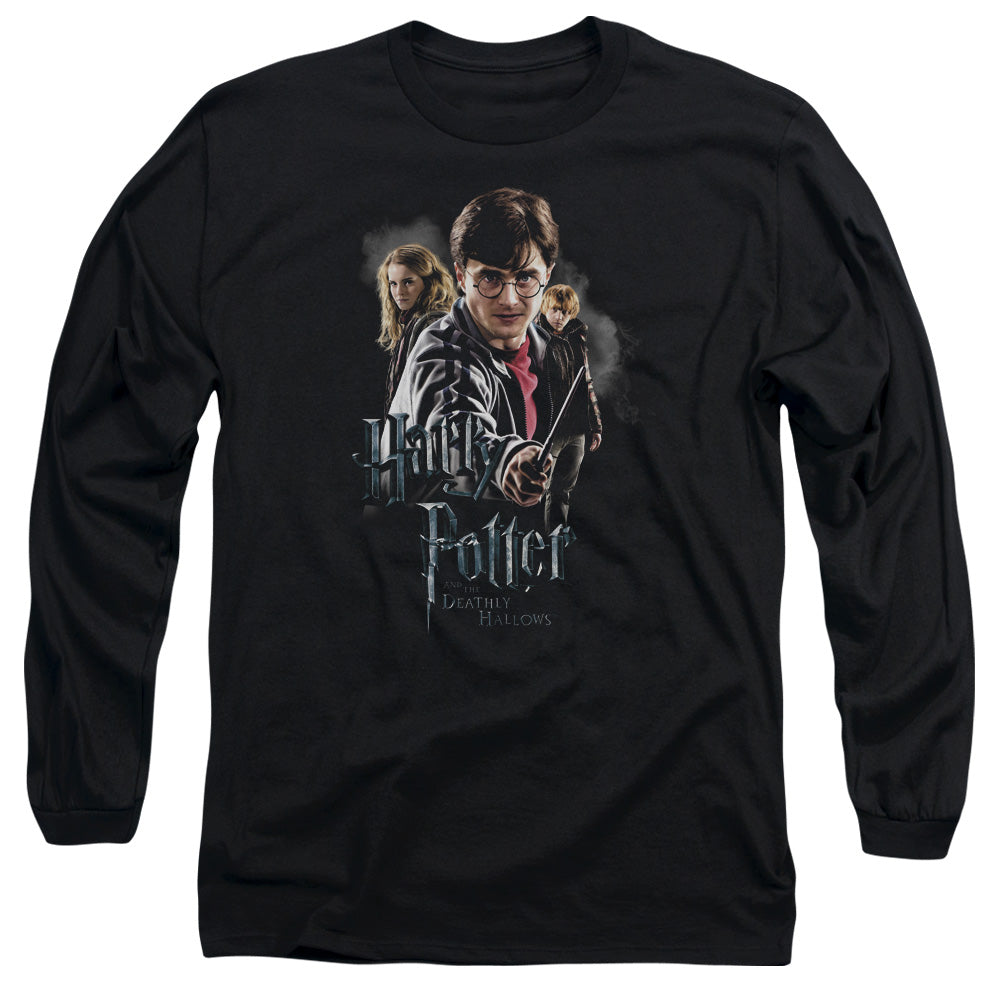 AN OFFCIALLY LICENSED HARRY POTTER DEATHLY HOLLOWS CAST MEN'S LONG SLEEVE T-SHIRT BLACK