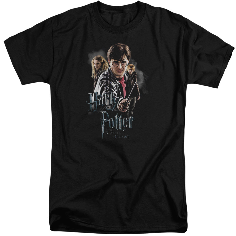 AN OFFCIALLY LICENSED HARRY POTTER DEATHLY HOLLOWS CAST MEN'S TALL FIT T-SHIRT BLACK