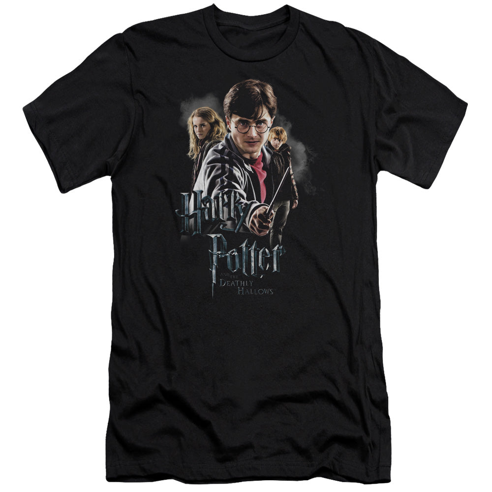 AN OFFCIALLY LICENSED HARRY POTTER DEATHLY HOLLOWS CAST MEN'S PREMIUM SLIM FIT T-SHIRT BLACK