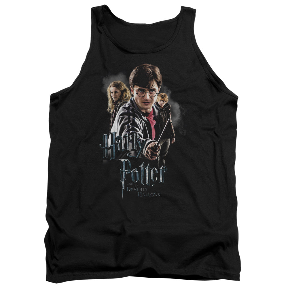 AN OFFCIALLY LICENSED HARRY POTTER DEATHLY HOLLOWS CAST ADULT UNISEX TANK TOP BLACK