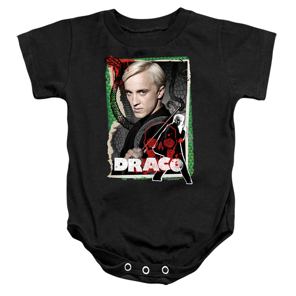 AN OFFCIALLY LICENSED HARRY POTTER DRACO MALFOY PHOTO COLLAGE BABY BODYSUIT BLACK