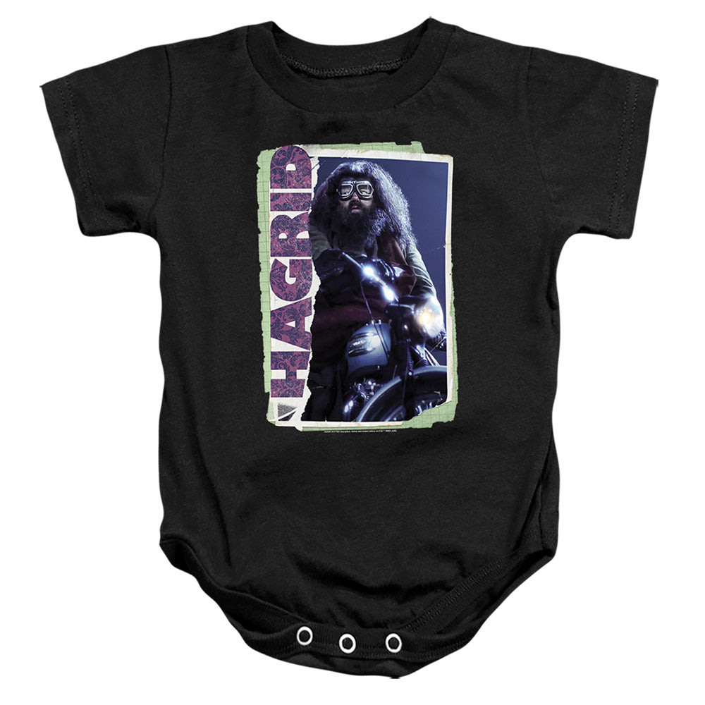 AN OFFCIALLY LICENSED HARRY POTTER RUBEUS HAGRID PHOTO COLLAGE BABY BODYSUIT BLACK