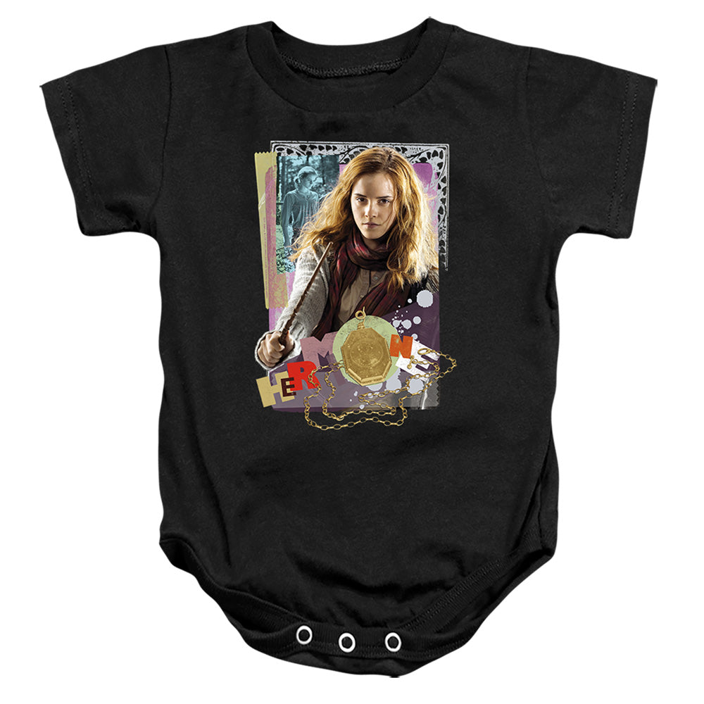 AN OFFCIALLY LICENSED HARRY POTTER HERMIONE COLORFUL PAPER COLLAGE BABY BODYSUIT BLACK