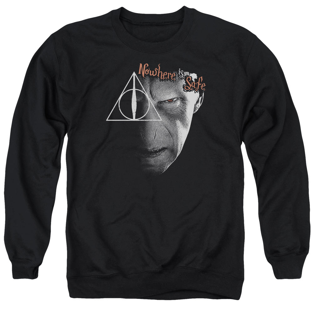 AN OFFCIALLY LICENSED HARRY POTTER NOWHERE IS SAFE ADULT UNISEX CREWNECK SWEATSHIRT BLACK