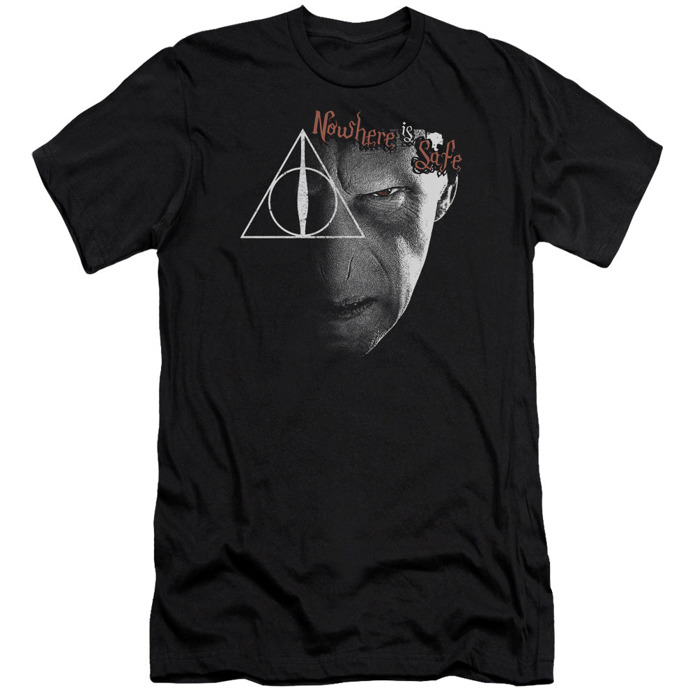 AN OFFCIALLY LICENSED HARRY POTTER NOWHERE IS SAFE MEN'S PREMIUM SLIM FIT T-SHIRT BLACK