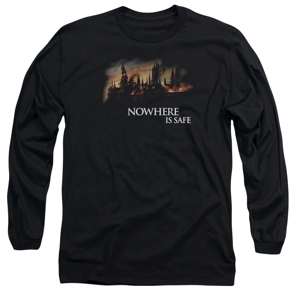 AN OFFCIALLY LICENSED HARRY POTTER BURNING HOGWARTS MEN'S LONG SLEEVE T-SHIRT BLACK