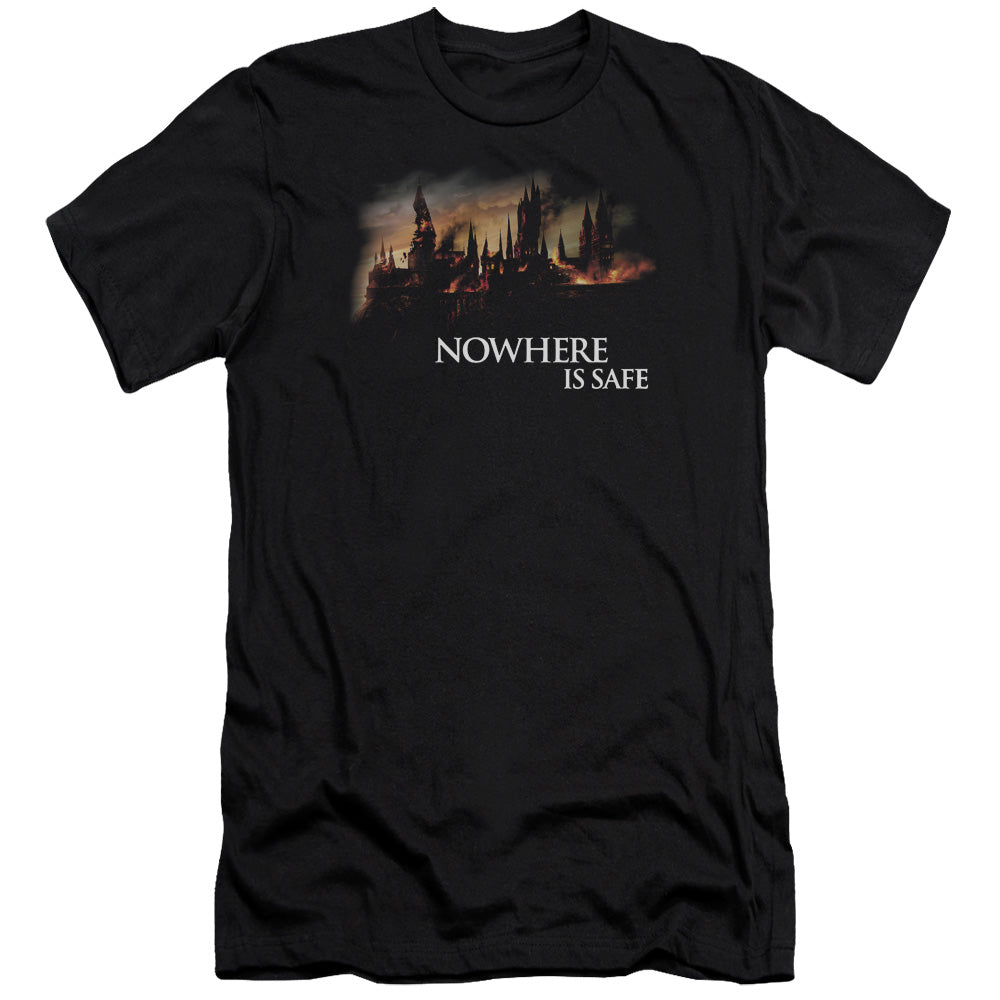 AN OFFCIALLY LICENSED HARRY POTTER BURNING HOGWARTS MEN'S PREMIUM SLIM FIT T-SHIRT BLACK