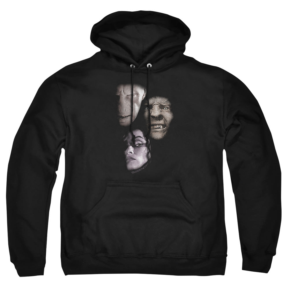 AN OFFCIALLY LICENSED HARRY POTTER VILLIAN HEADS ADULT UNISEX PULLOVER HOODIE BLACK