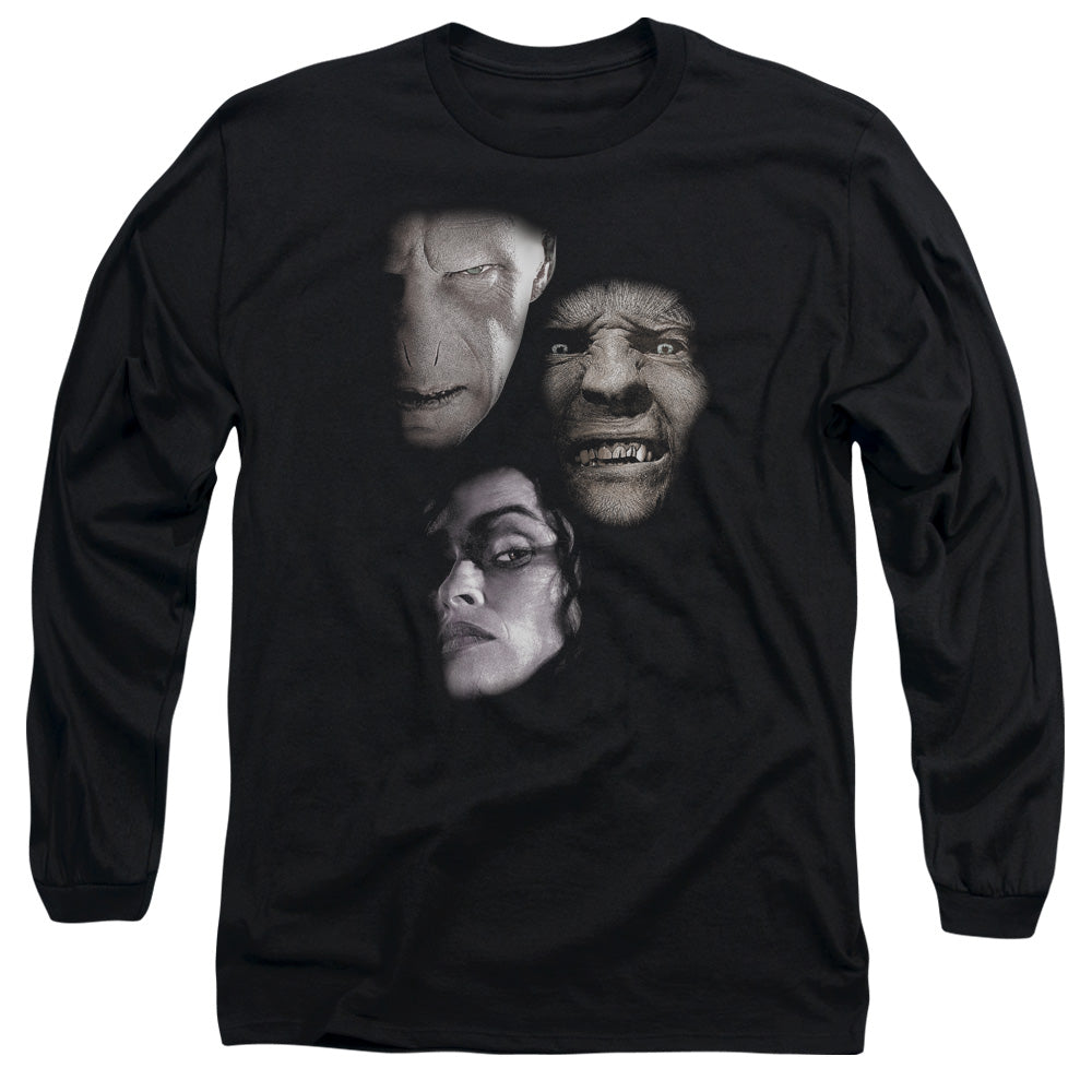 AN OFFCIALLY LICENSED HARRY POTTER VILLIAN HEADS MEN'S LONG SLEEVE T-SHIRT BLACK