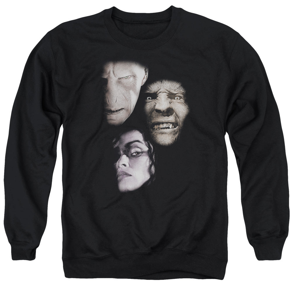 AN OFFCIALLY LICENSED HARRY POTTER VILLIAN HEADS ADULT UNISEX CREWNECK SWEATSHIRT BLACK
