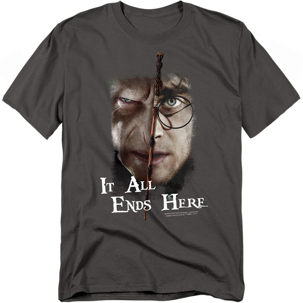 AN OFFCIALLY LICENSED HARRY POTTER IT ALL ENDS HERE MEN'S REGULAR FIT T-SHIRT CHARCOAL