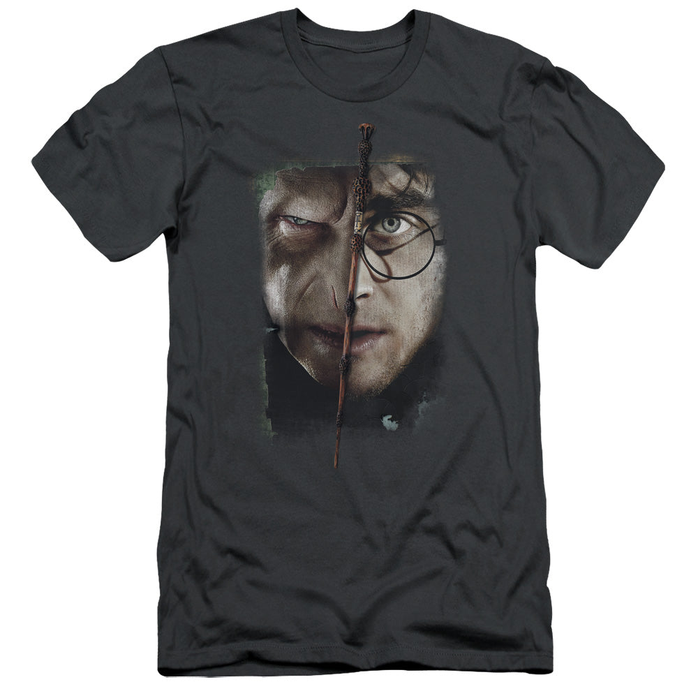AN OFFCIALLY LICENSED HARRY POTTER IT ALL ENDS HERE MEN'S PREMIUM SLIM FIT T-SHIRT CHARCOAL