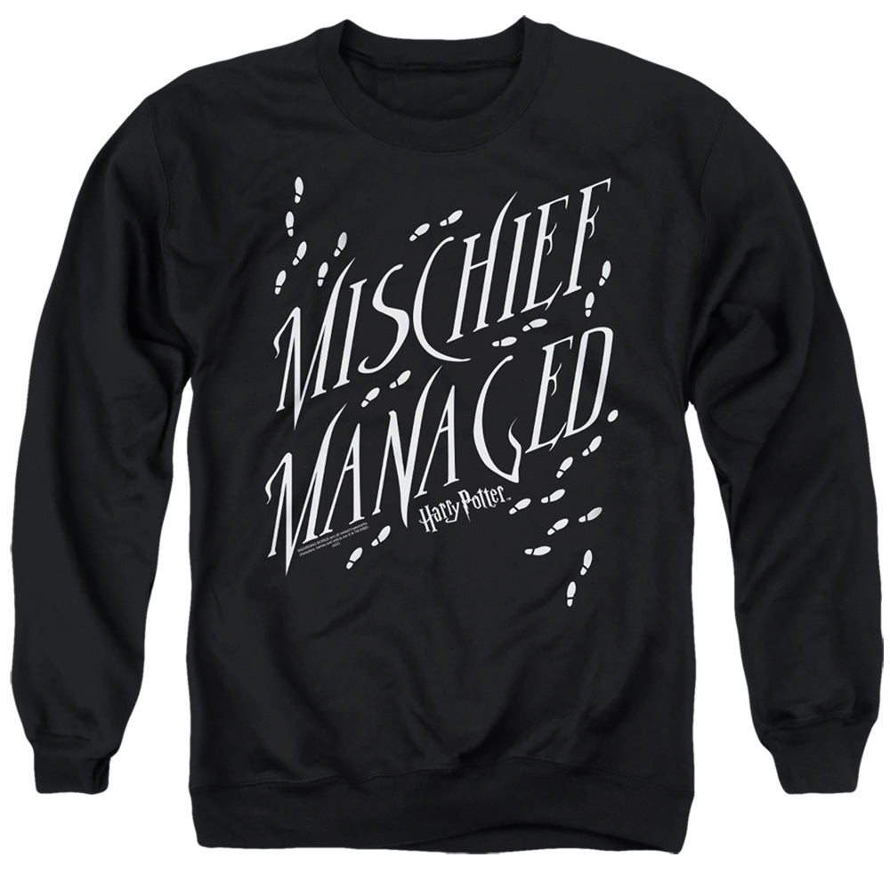 AN OFFCIALLY LICENSED HARRY POTTER MISCHIEF MANAGED 4 ADULT UNISEX CREWNECK SWEATSHIRT BLACK