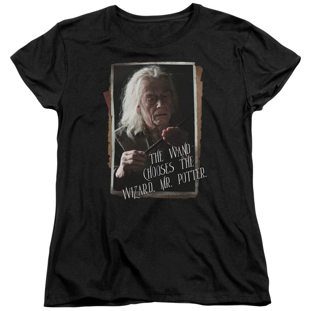 AN OFFCIALLY LICENSED HARRY POTTER OLIVANDER WOMEN'S REGULAR FIT T-SHIRT BLACK