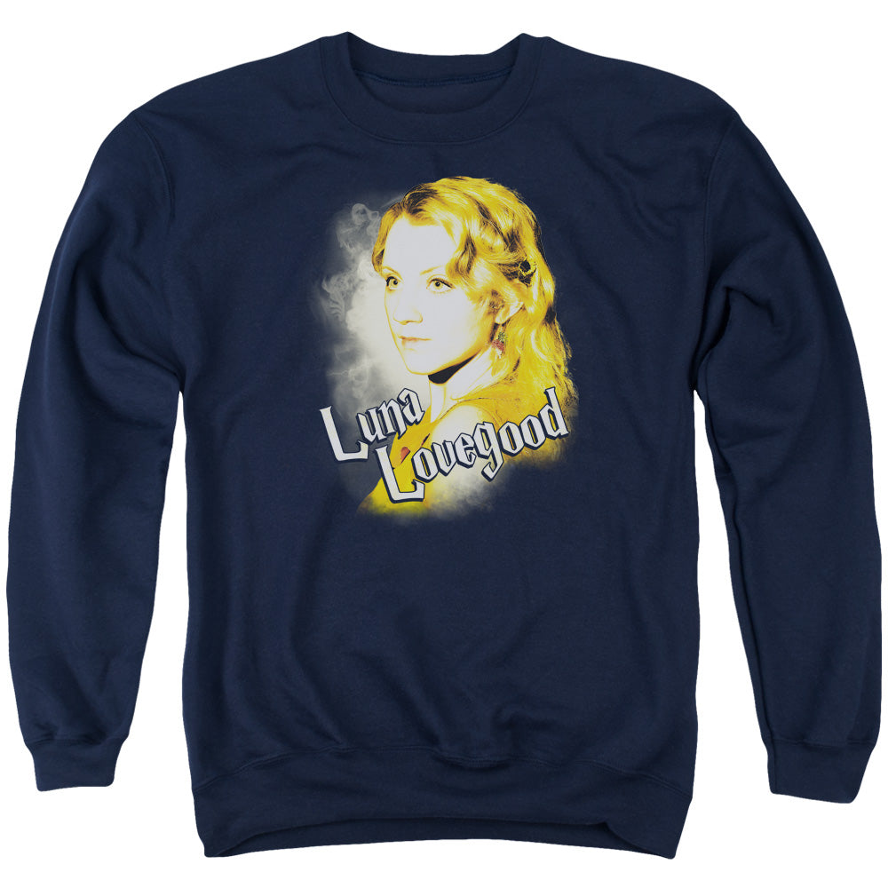 AN OFFCIALLY LICENSED HARRY POTTER LUNA CLOSEUP ADULT UNISEX CREWNECK SWEATSHIRT NAVY