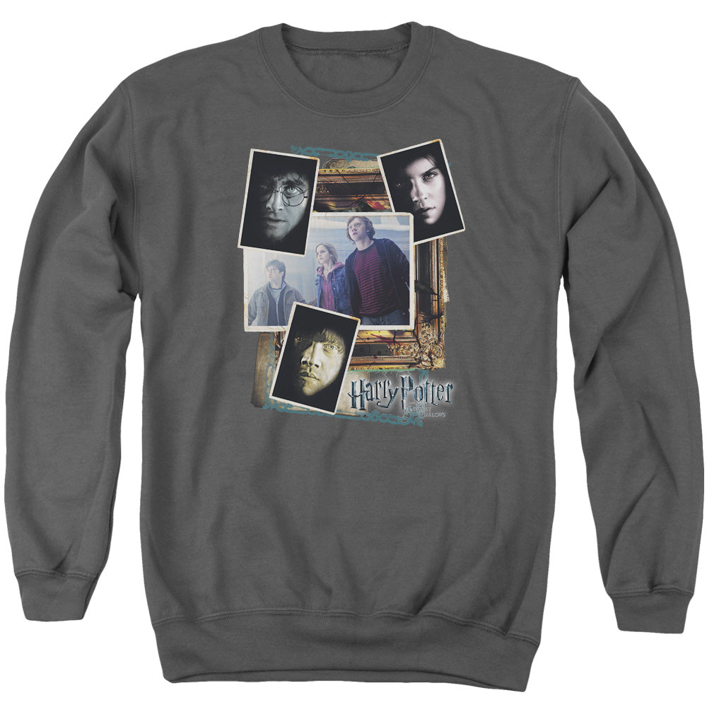AN OFFCIALLY LICENSED HARRY POTTER TRIO COLLAGE ADULT UNISEX CREWNECK SWEATSHIRT CHARCOAL