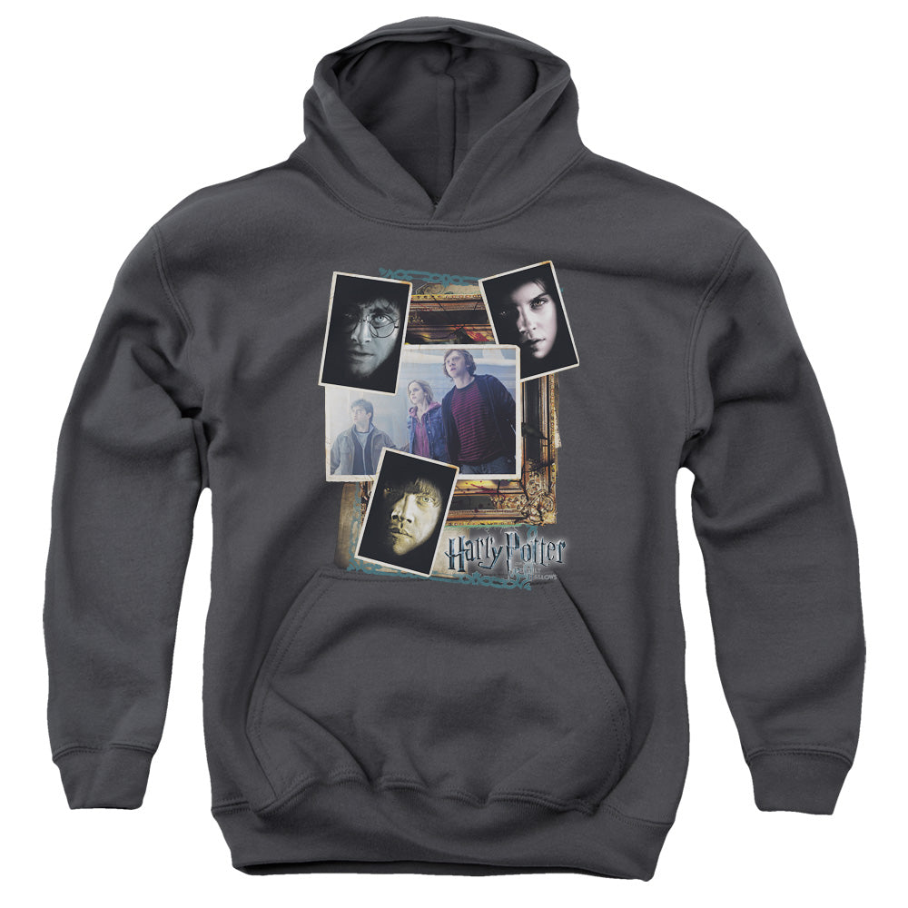 AN OFFCIALLY LICENSED HARRY POTTER TRIO COLLAGE YOUTH HOODIE CHARCOAL