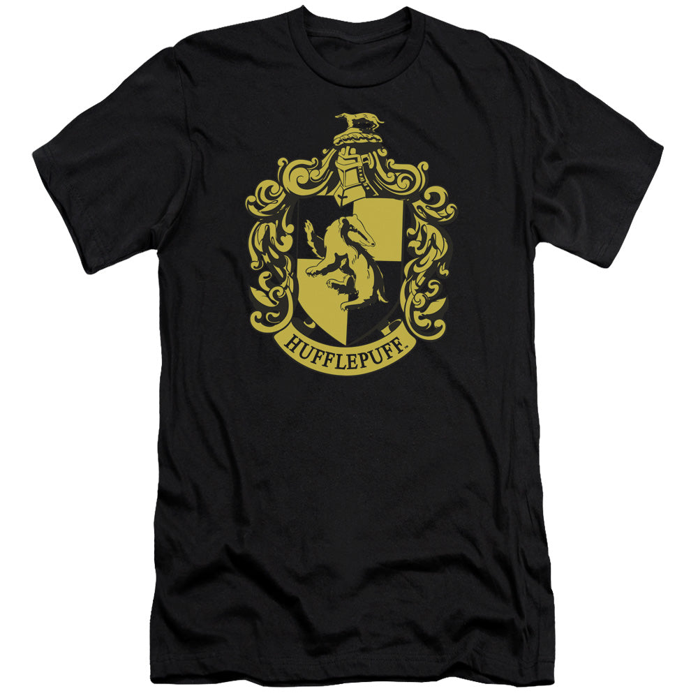 AN OFFCIALLY LICENSED HARRY POTTER HUFFLEPUFF CREST MEN'S PREMIUM SLIM FIT T-SHIRT BLACK