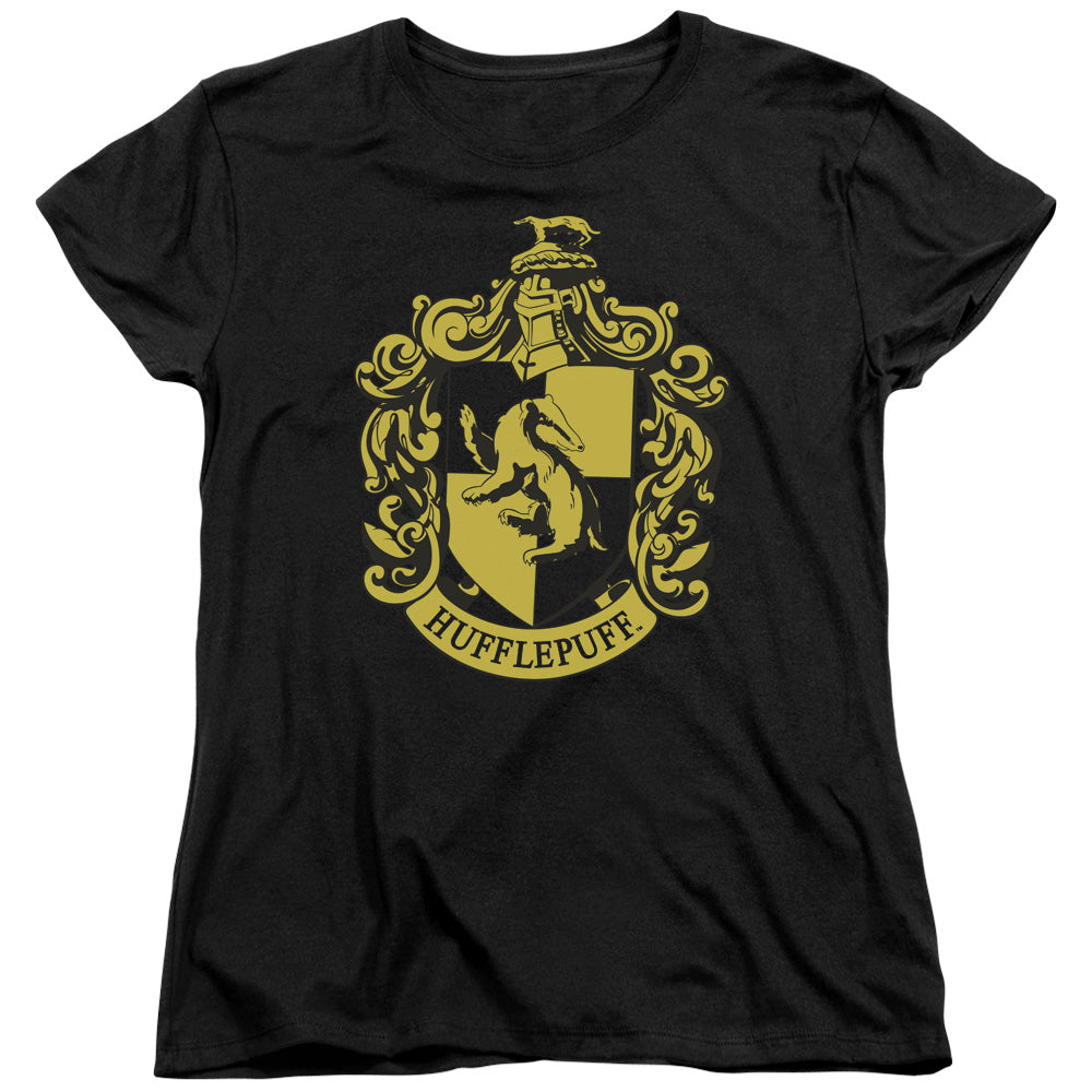 AN OFFCIALLY LICENSED HARRY POTTER HUFFLEPUFF CREST WOMEN'S REGULAR FIT T-SHIRT BLACK