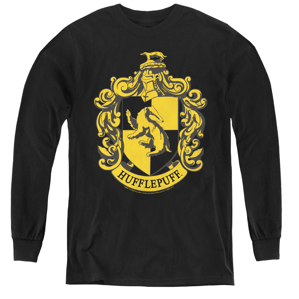 AN OFFCIALLY LICENSED HARRY POTTER HUFFLEPUFF CREST YOUTH LONG SLEEVE T-SHIRT BLACK