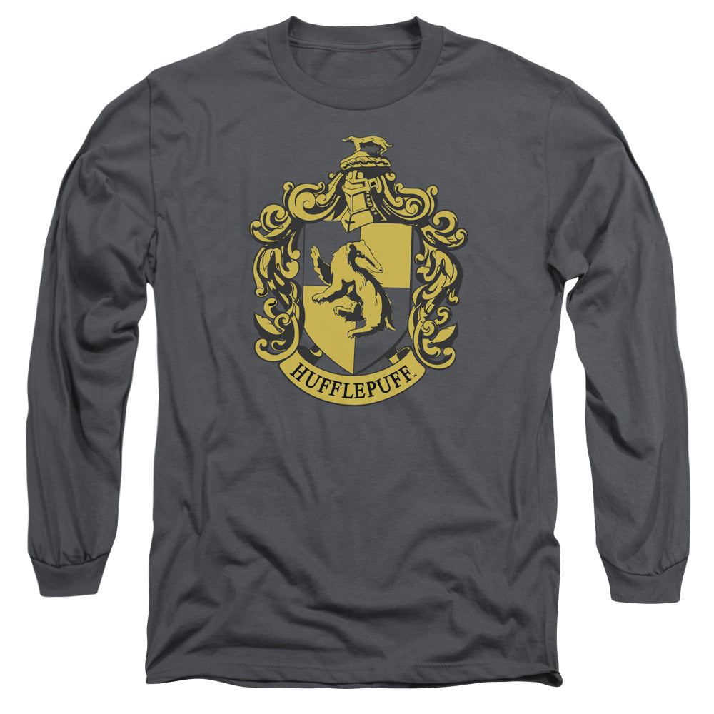 AN OFFCIALLY LICENSED HARRY POTTER HUFFLEPUFF CREST MEN'S LONG SLEEVE T-SHIRT CHARCOAL