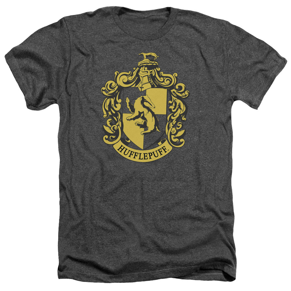 AN OFFCIALLY LICENSED HARRY POTTER HUFFLEPUFF CREST MEN'S HEATHER T-SHIRT CHARCOAL