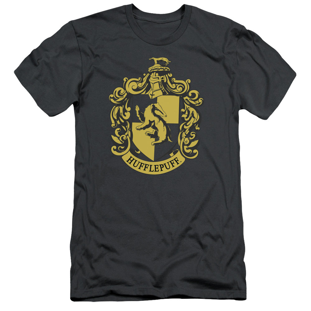 AN OFFCIALLY LICENSED HARRY POTTER HUFFLEPUFF CREST MEN'S PREMIUM SLIM FIT T-SHIRT CHARCOAL