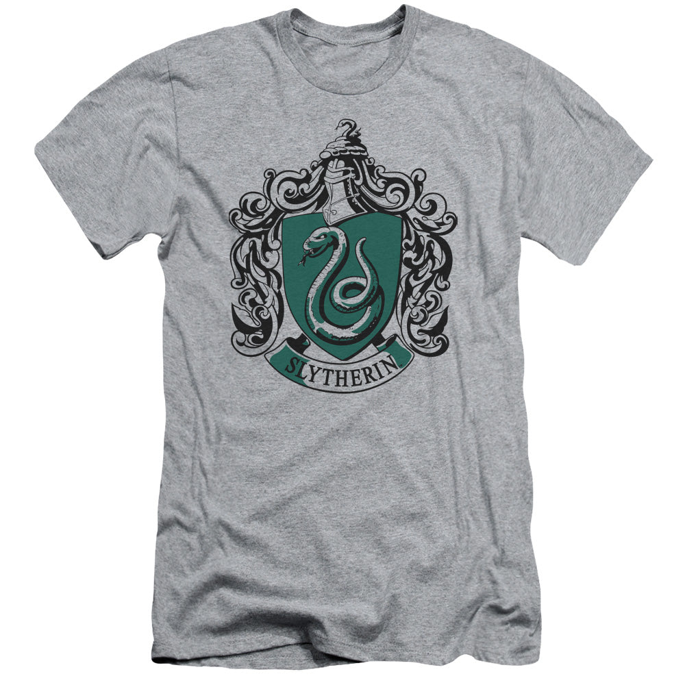AN OFFCIALLY LICENSED HARRY POTTER SLYTHERIN CREST MEN'S PREMIUM SLIM FIT T-SHIRT ATHLETIC HEATHER