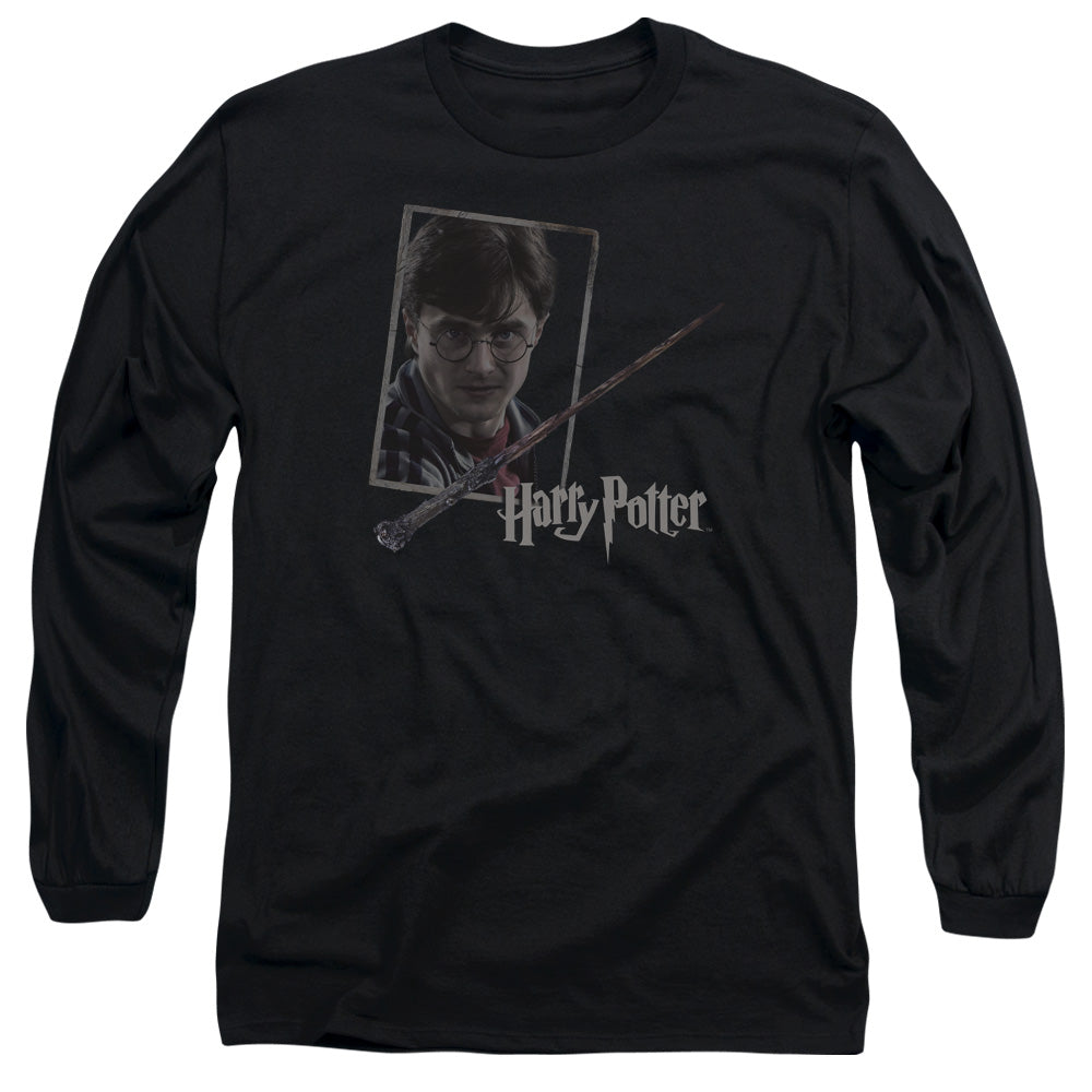 AN OFFCIALLY LICENSED HARRY POTTER HARRYS WAND PORTRAIT MEN'S LONG SLEEVE T-SHIRT BLACK