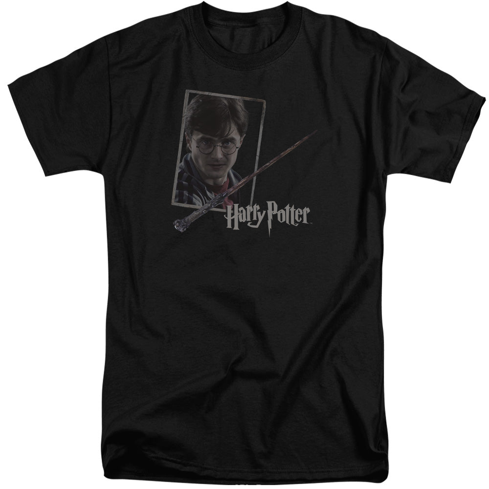 AN OFFCIALLY LICENSED HARRY POTTER HARRYS WAND PORTRAIT MEN'S TALL FIT T-SHIRT BLACK