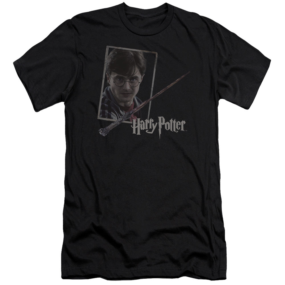 AN OFFCIALLY LICENSED HARRY POTTER HARRYS WAND PORTRAIT MEN'S PREMIUM SLIM FIT T-SHIRT BLACK