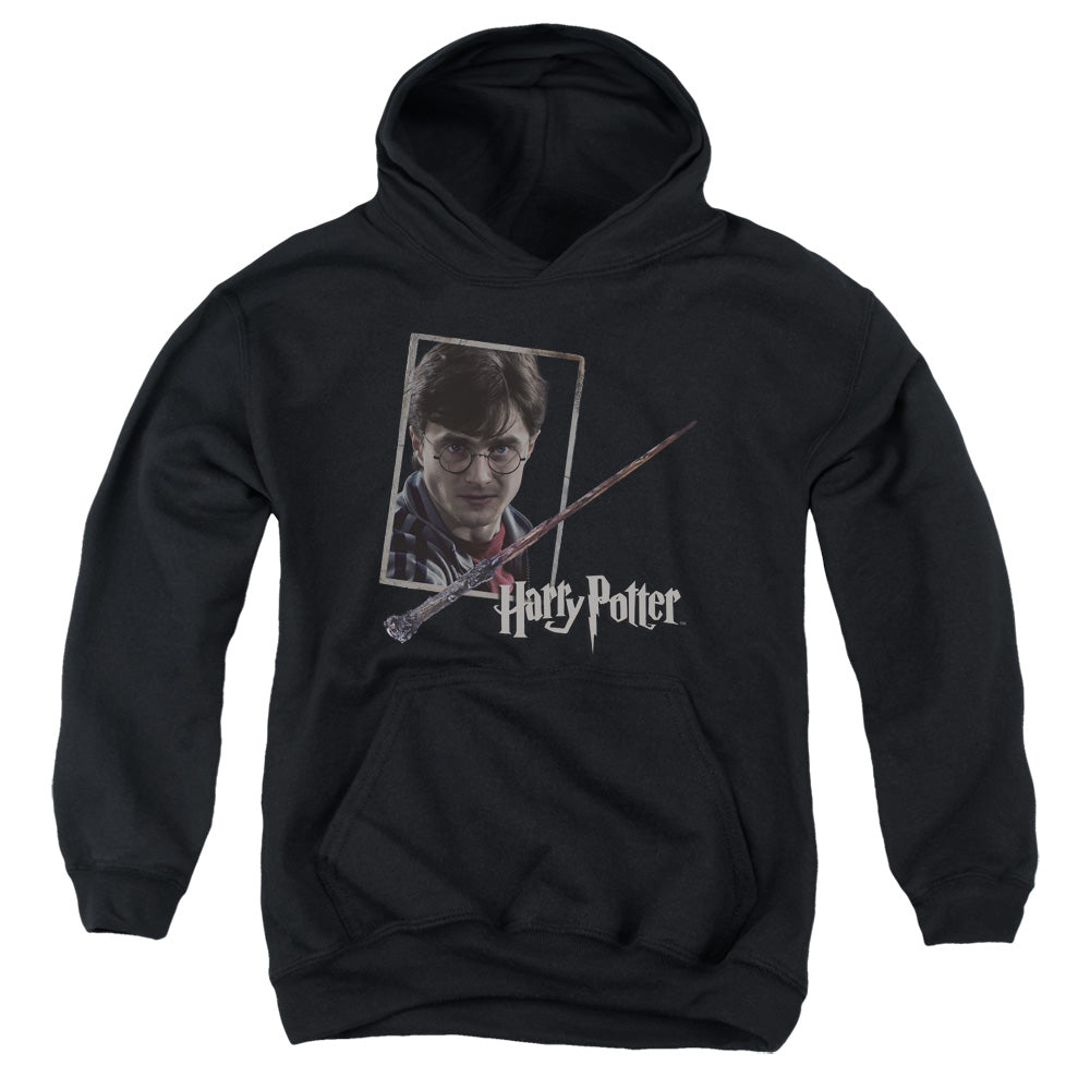 AN OFFCIALLY LICENSED HARRY POTTER HARRYS WAND PORTRAIT YOUTH HOODIE BLACK