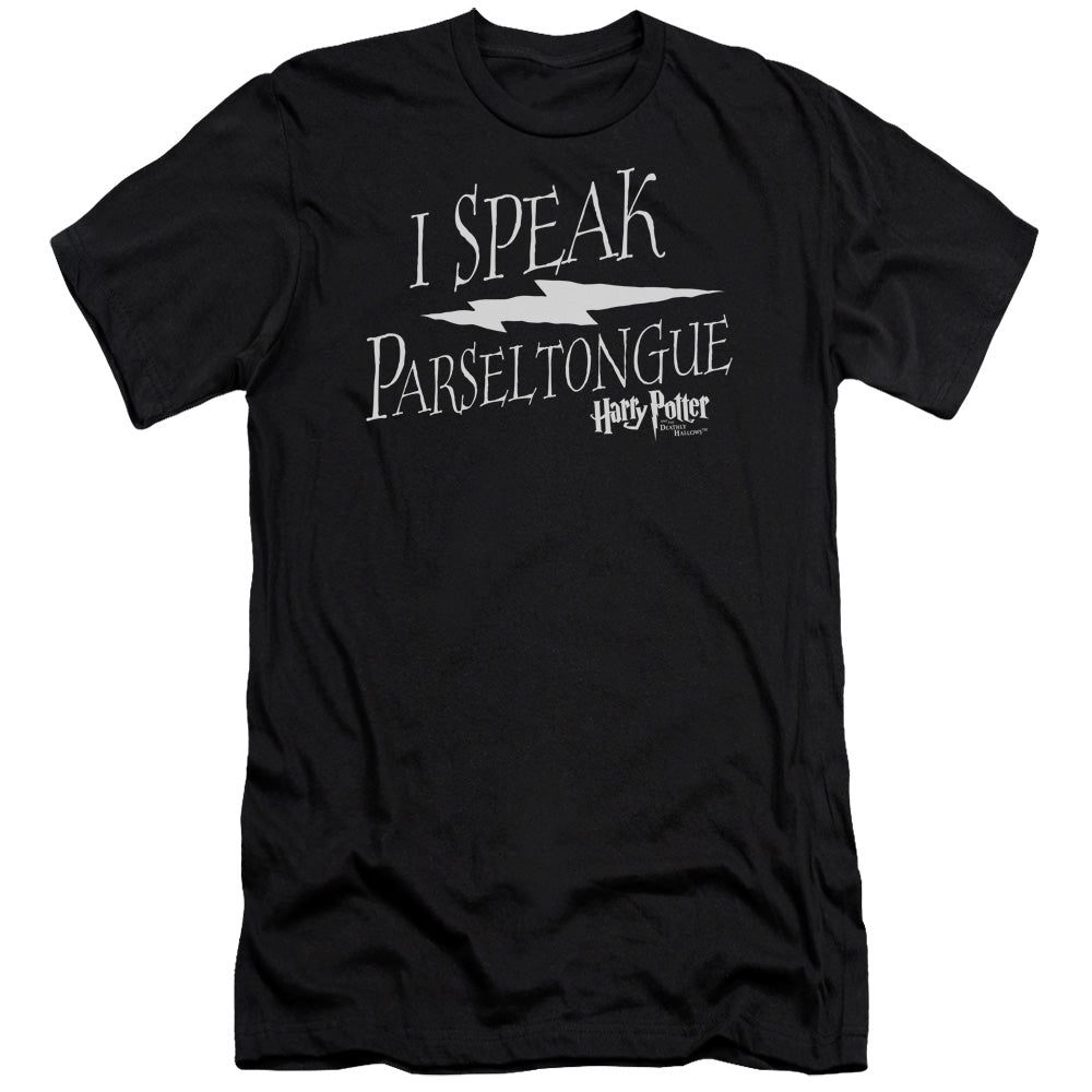 AN OFFCIALLY LICENSED HARRY POTTER I SPEAK PARSELTONGUE MEN'S PREMIUM SLIM FIT T-SHIRT BLACK