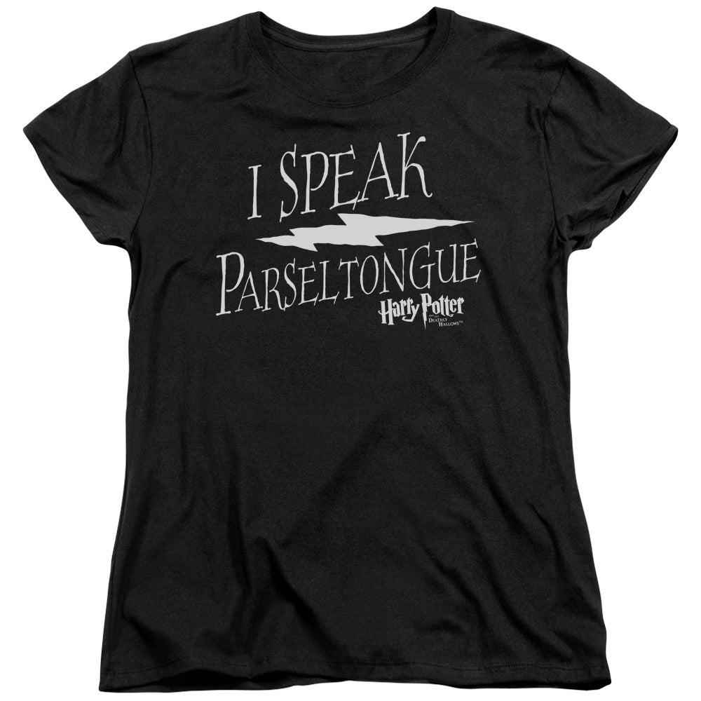 AN OFFCIALLY LICENSED HARRY POTTER I SPEAK PARSELTONGUE WOMEN'S REGULAR FIT T-SHIRT BLACK