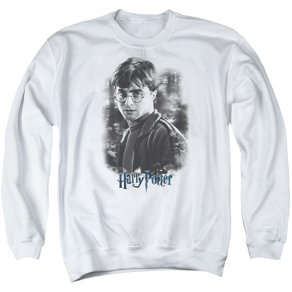 AN OFFCIALLY LICENSED HARRY POTTER HARRY IN THE WOODS ADULT UNISEX CREWNECK SWEATSHIRT WHITE
