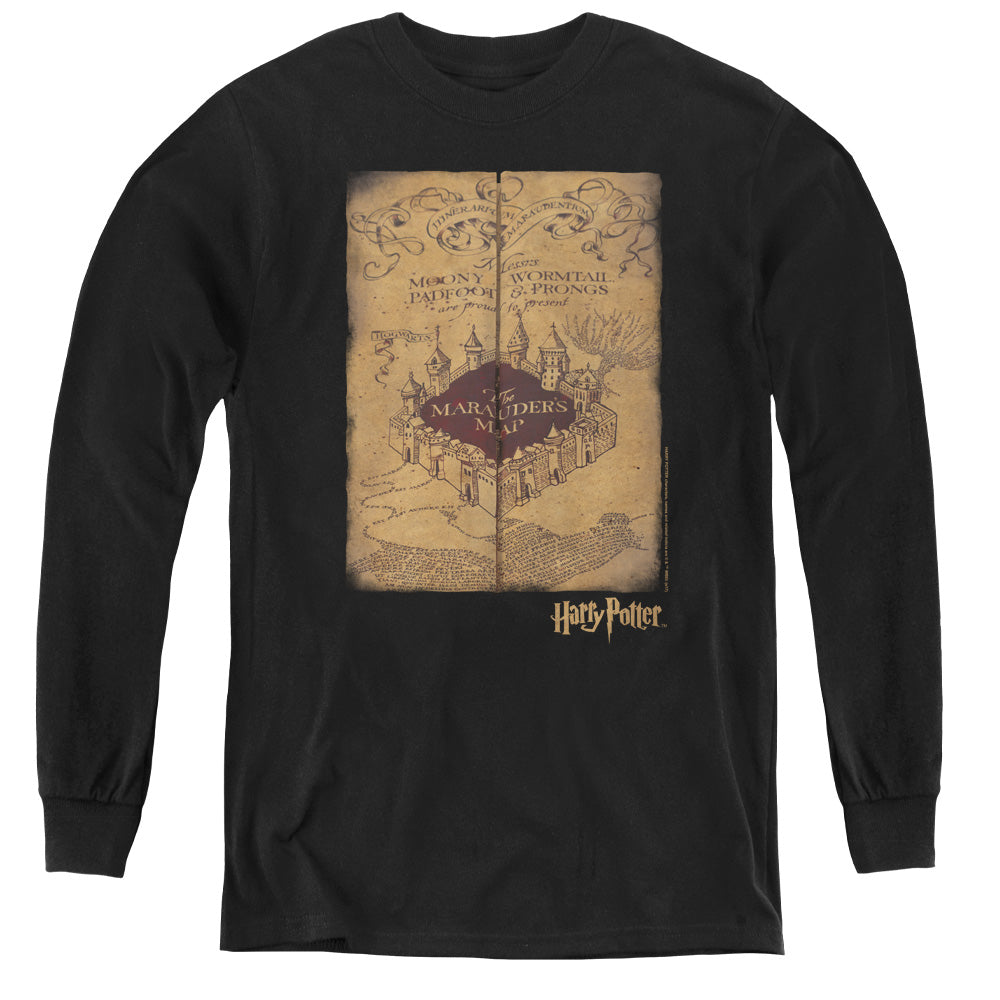AN OFFCIALLY LICENSED HARRY POTTER MARAUDERS MAP YOUTH LONG SLEEVE T-SHIRT BLACK