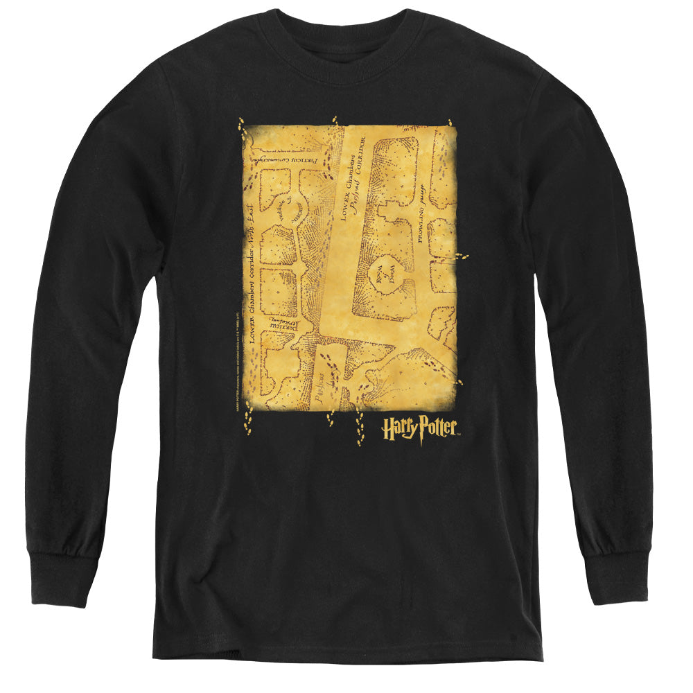 AN OFFCIALLY LICENSED HARRY POTTER MARAUDERS MAP INTERIOR YOUTH LONG SLEEVE T-SHIRT BLACK